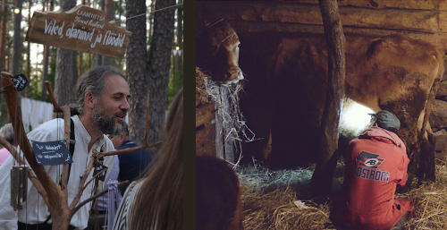 Photo 1 : un homme barbu grisonnant sous une pancarte “Viled, okariinid ja flöötid”. Photo 2 : une vache mange du foin le long d’un mur dans une étable en bois. Quelqu’un, de dos, est à genoux en train de traire.